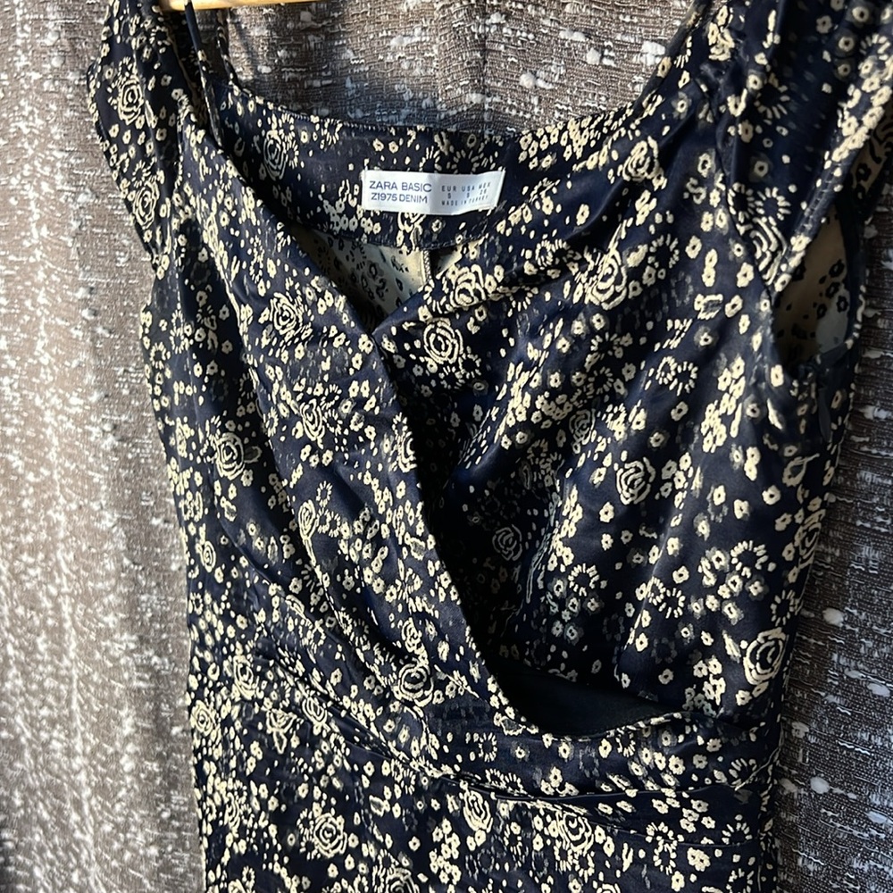 ZARA BASIC Z1975 Denim Off The Shoulder Dress Navy Blue W/ Cream Floral Print - Picture 7 of 10